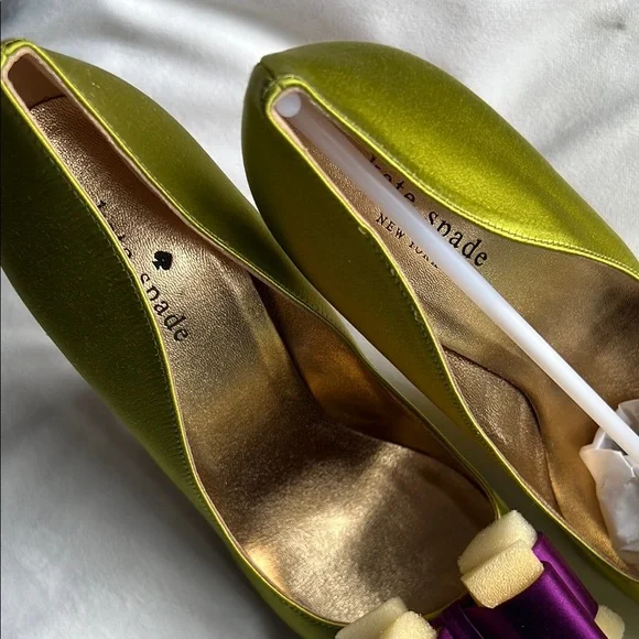 Kate Spade Latrice Satin Lime Green/Royal Purple Bow Pumps - Picture 6 of 9